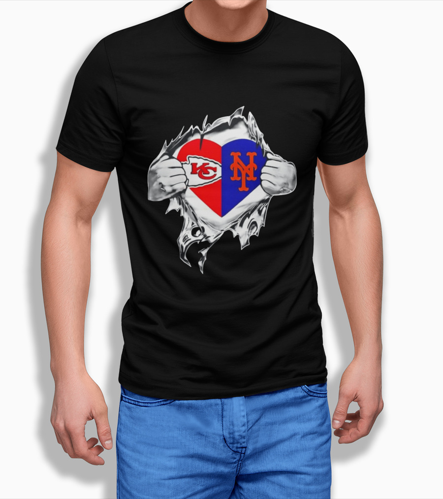 Kansas City Chiefs New York Mets Heart Torn Chest Combo T-Shirt