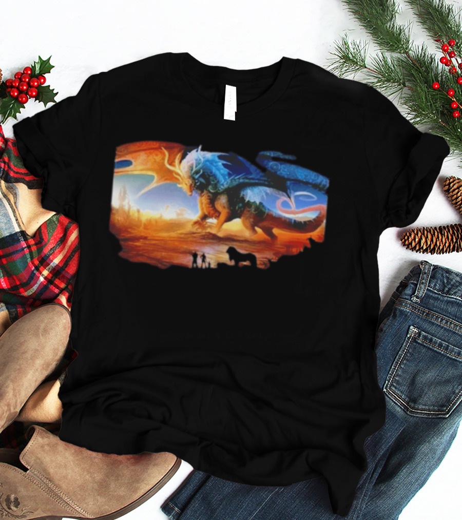 Giant Dragon In Radiant Golden Light With Blue And Orange Wings T-Shirt