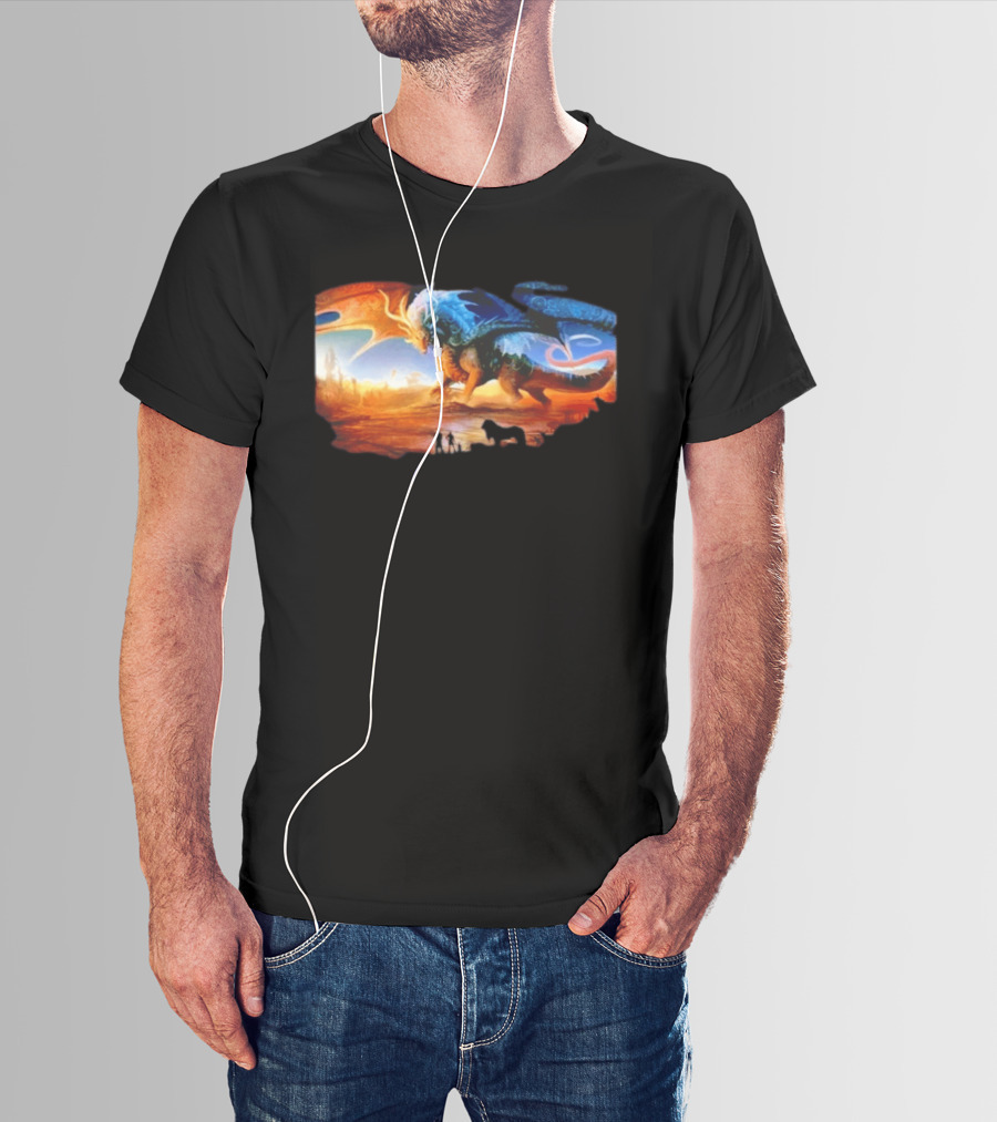 Giant Dragon In Radiant Golden Light With Blue And Orange Wings T-Shirt