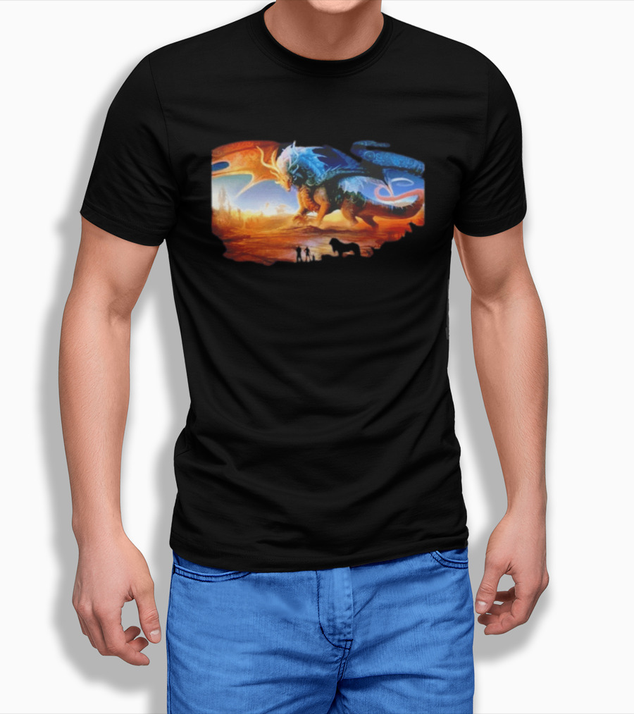 Giant Dragon In Radiant Golden Light With Blue And Orange Wings T-Shirt