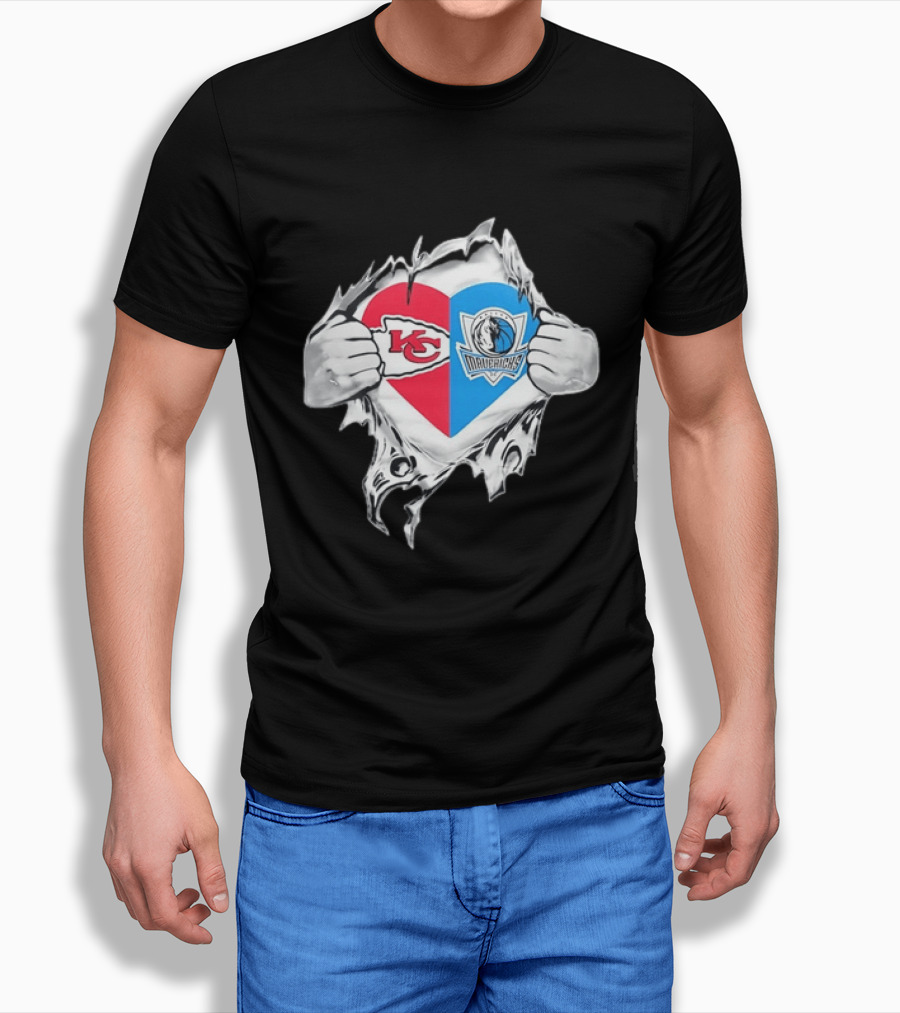 Kansas City Chiefs Dallas Mavericks Heart Ripped Open NFL NBA Crossover Fan Gear T-Shirt