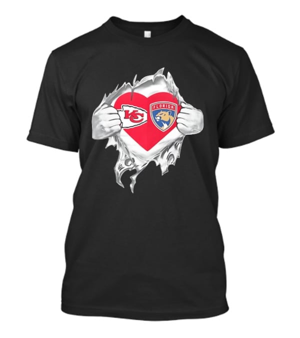 KC Chiefs Florida Panthers Heart Ripped Chest Kansas City NFL Florida NHL Fans T-Shirt
