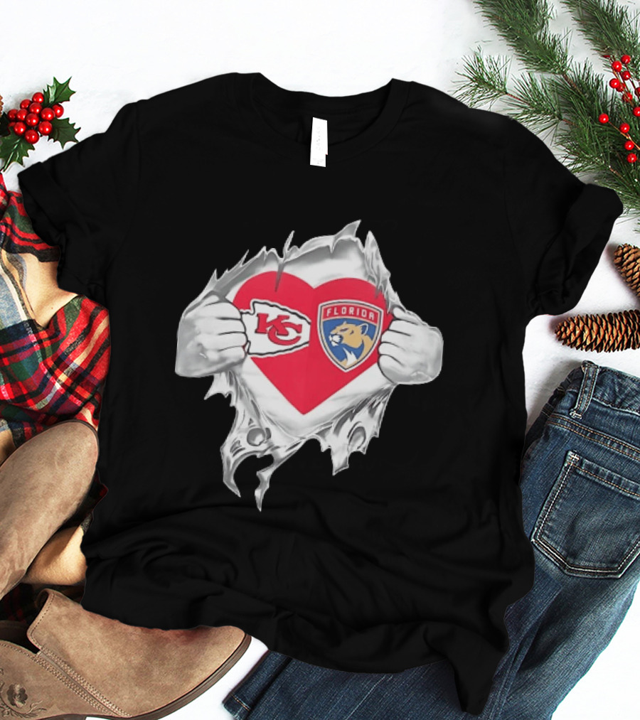 KC Chiefs Florida Panthers Heart Ripped Chest Kansas City NFL Florida NHL Fans T-Shirt