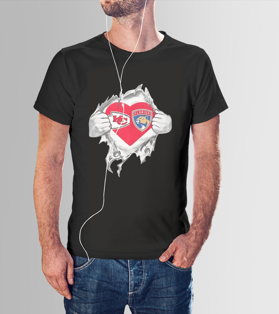 KC Chiefs Florida Panthers Heart Ripped Chest Kansas City NFL Florida NHL Fans T-Shirt