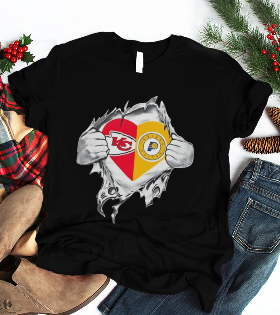 Kansas City Chiefs Indiana Pacers Heart Torn Open T-Shirt
