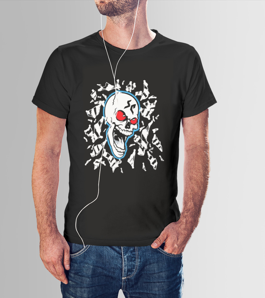 SC Skull Breaking Glass Explosive Red Eyes Fractured Blue T-Shirt