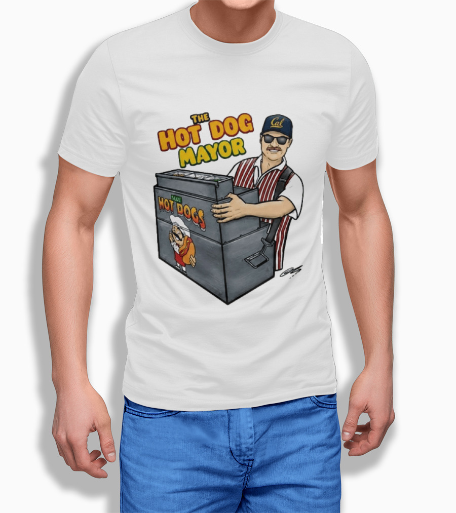 The Hot Dog Mayor Vendor With Cal Hat And Hot Dogs Cart T-Shirt