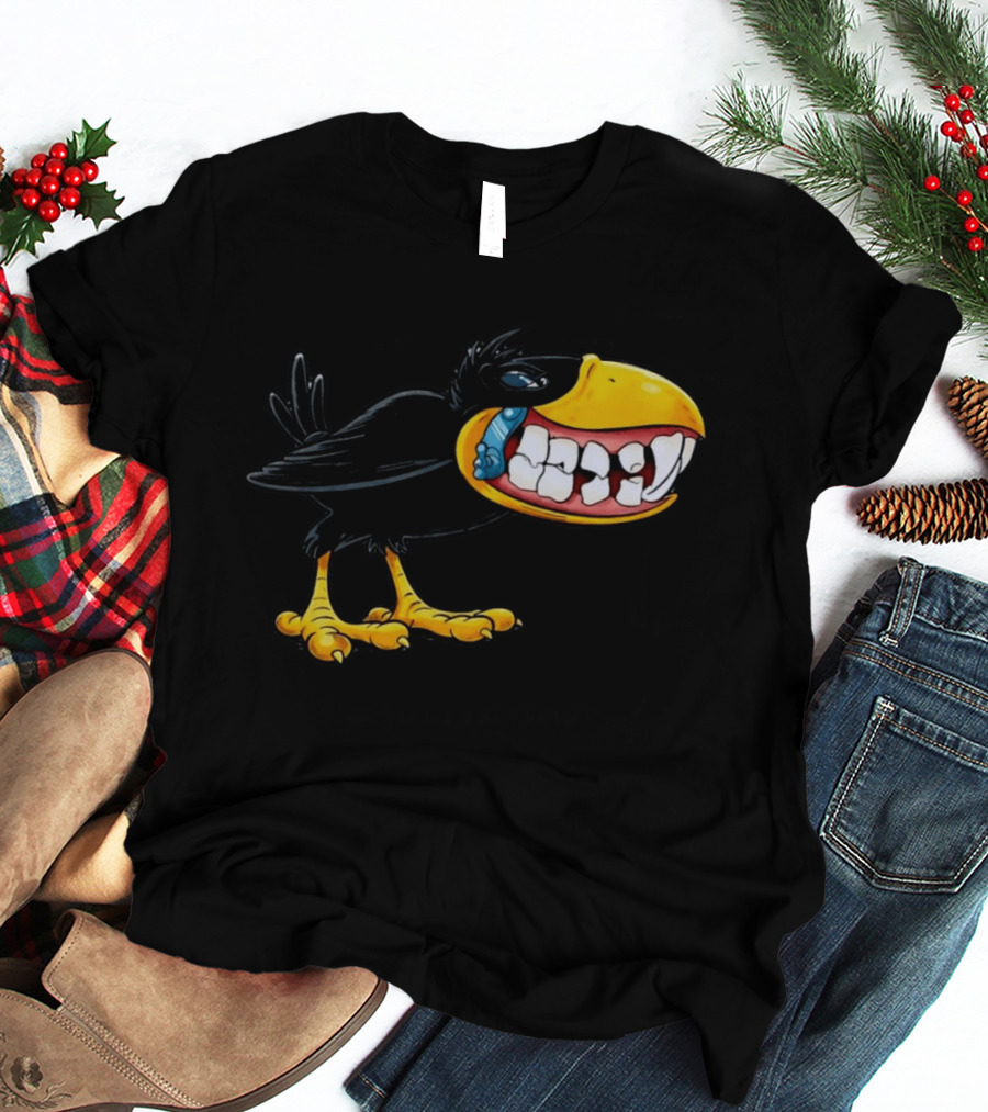 Crow With Huge Teeth Cartoon Blue Phone Green T-Shirt