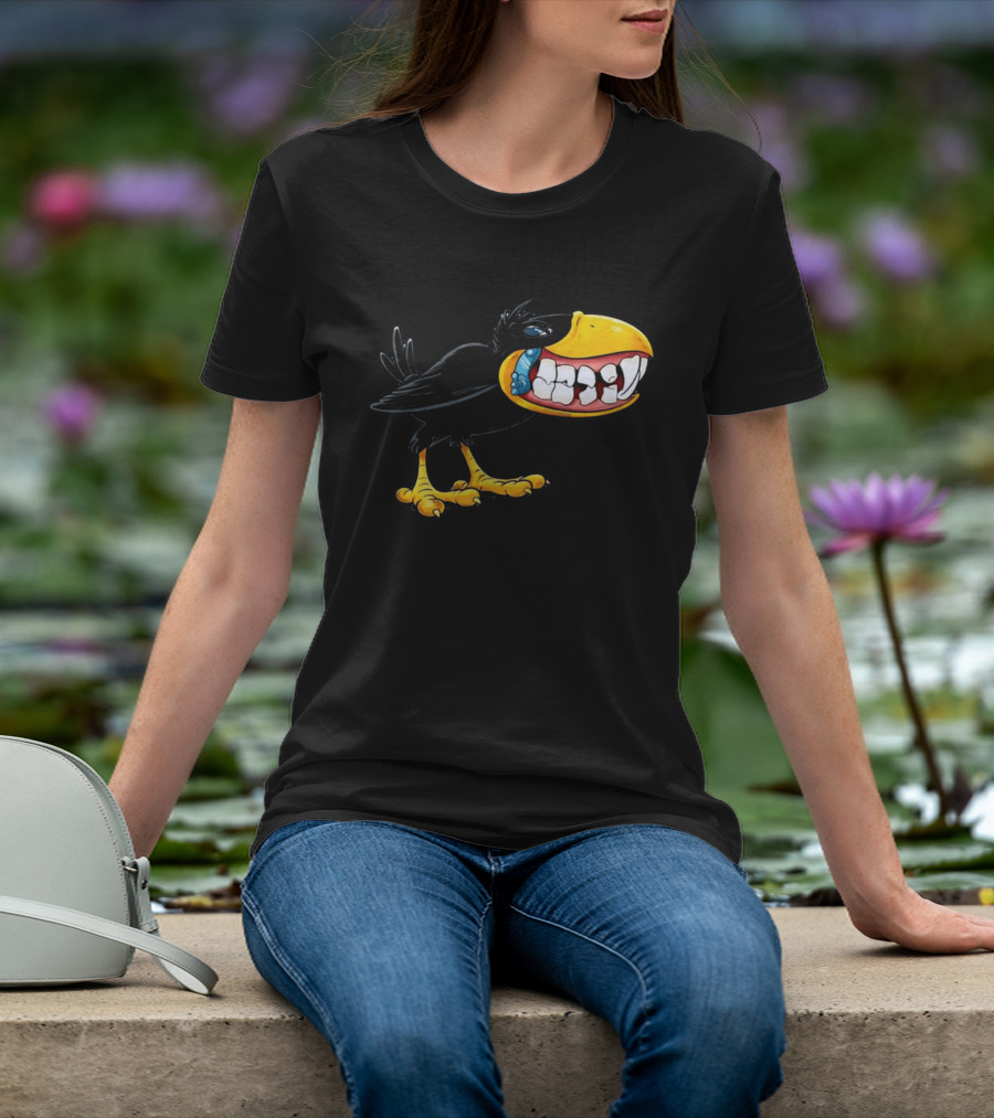 Crow With Huge Teeth Cartoon Blue Phone Green T-Shirt