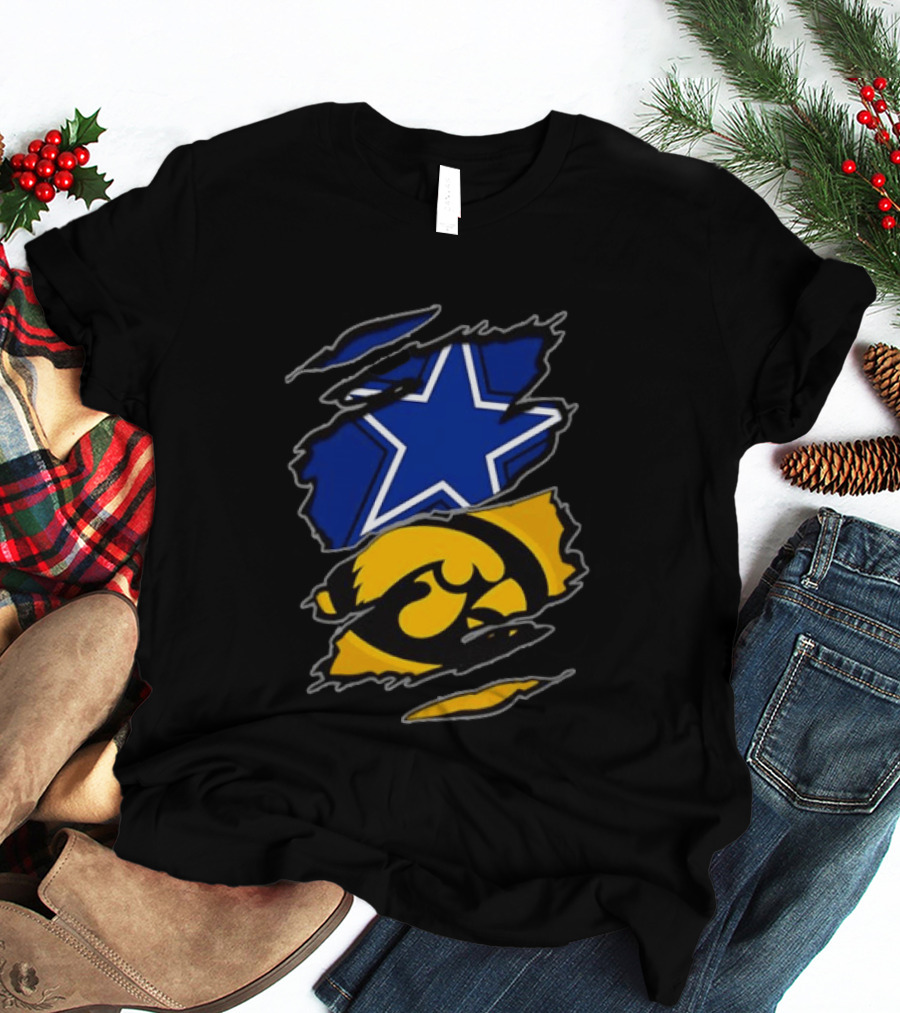 Dallas Cowboys Star And Iowa Hawkeyes Ripped Logo Sports Fan Gear T-Shirt