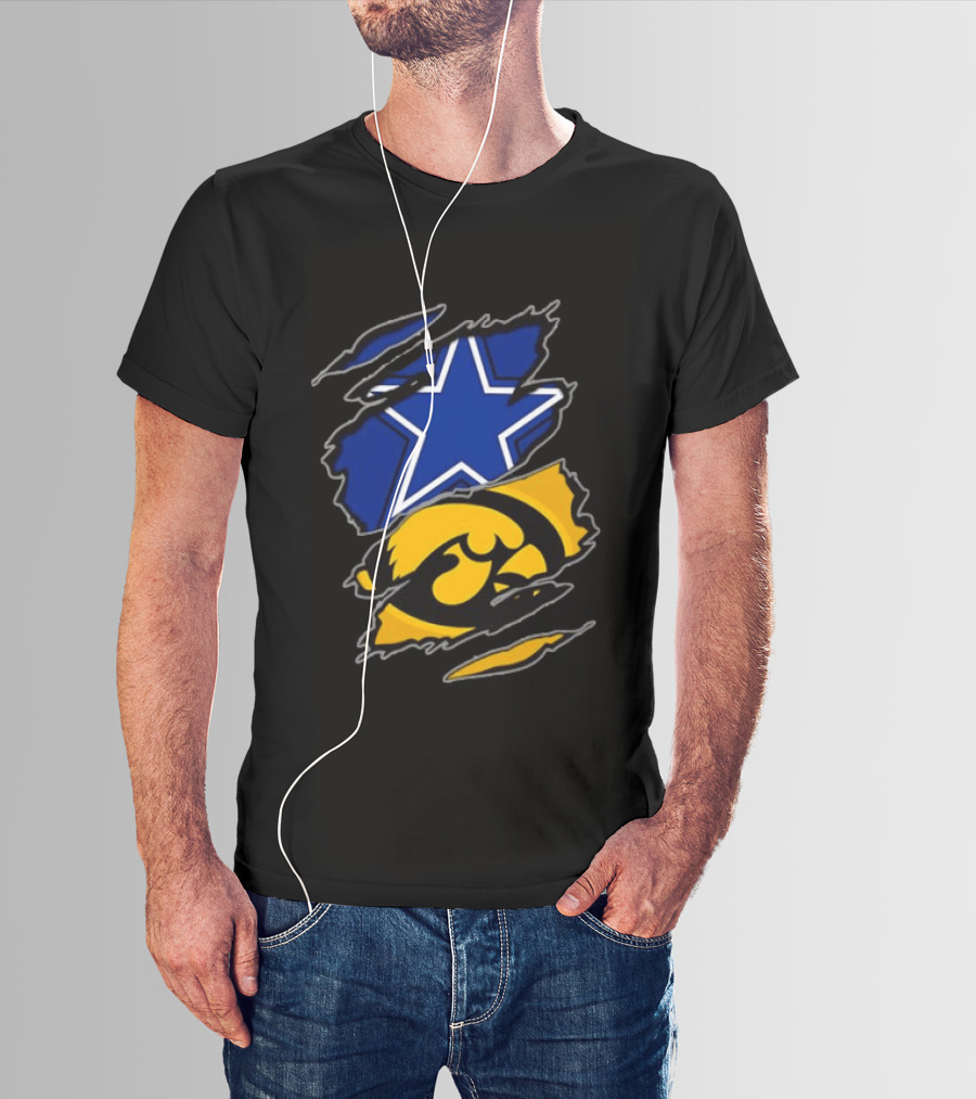 Dallas Cowboys Star And Iowa Hawkeyes Ripped Logo Sports Fan Gear T-Shirt