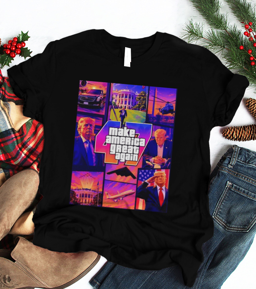 Make America Great Again GTA 47 Parody Trump White House Military Aircraft Montage T-Shirt