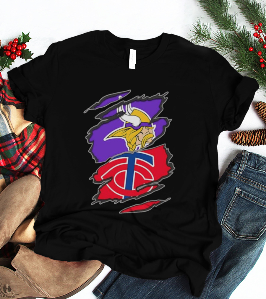 Minnesota Vikings Minnesota Twins Iconic Team Collaboration Ripped T-Shirt