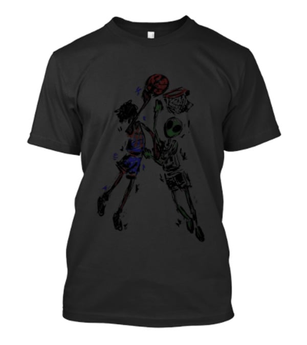 Dunking Basketball Player Vs Alien NBA Sketch Duel T-Shirt