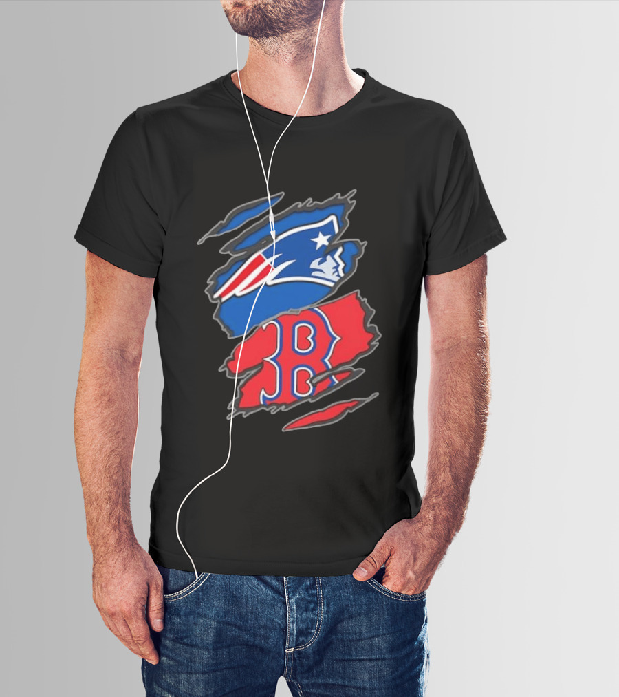 Patriots Red Sox Ripped Design New England Boston Sports Fan T-Shirt