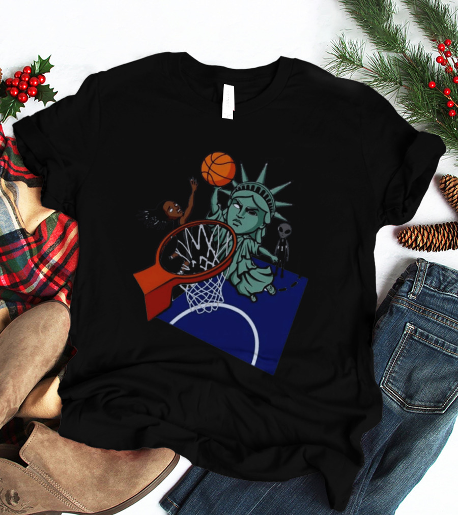 Statue Of Liberty Basketball Dunk With Alien And Athlete Joe Maracic T-Shirt