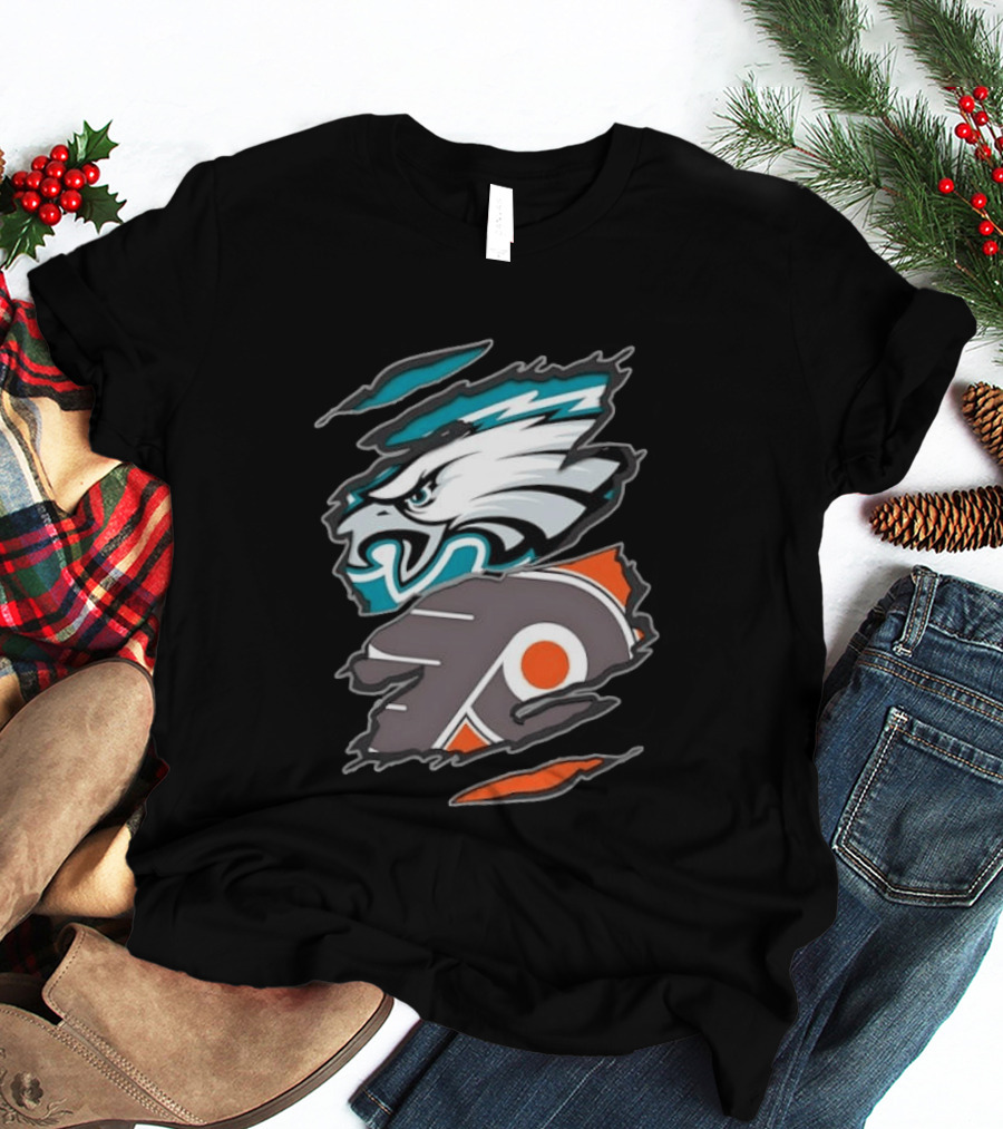 Philadelphia Eagles And Philadelphia Flyers Ripped Tear Sports Team T-Shirt
