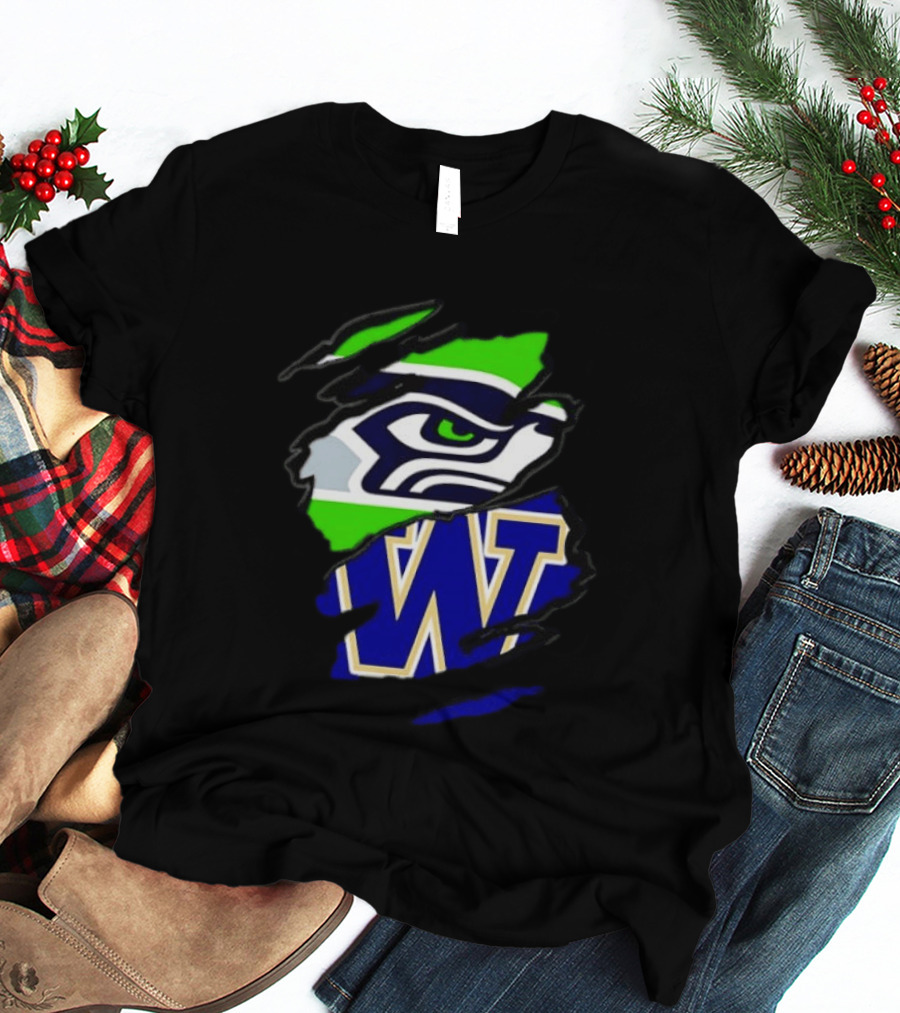 Seattle Seahawks Washington Huskies Ripped Through Logos T-Shirt