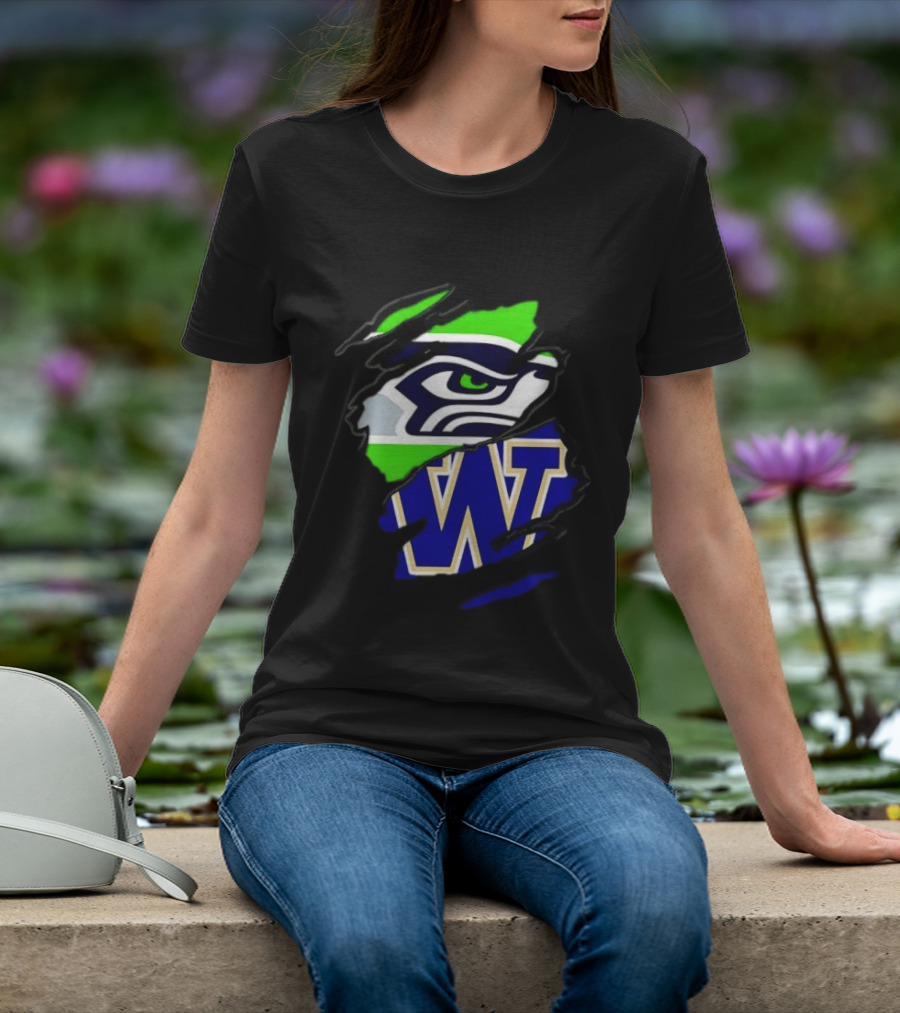Seattle Seahawks Washington Huskies Ripped Through Logos T-Shirt