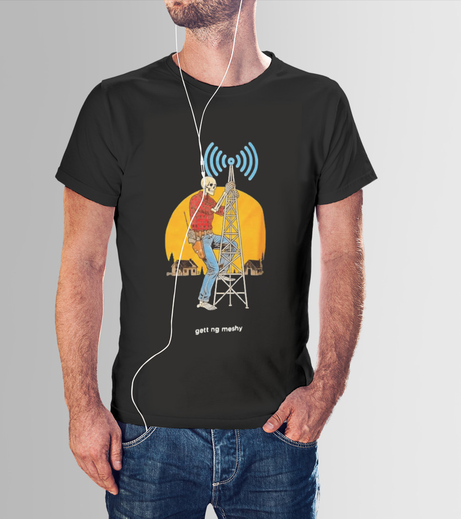 Skeleton Climbing Tower With Radio Waves Retro Scene T-Shirt
