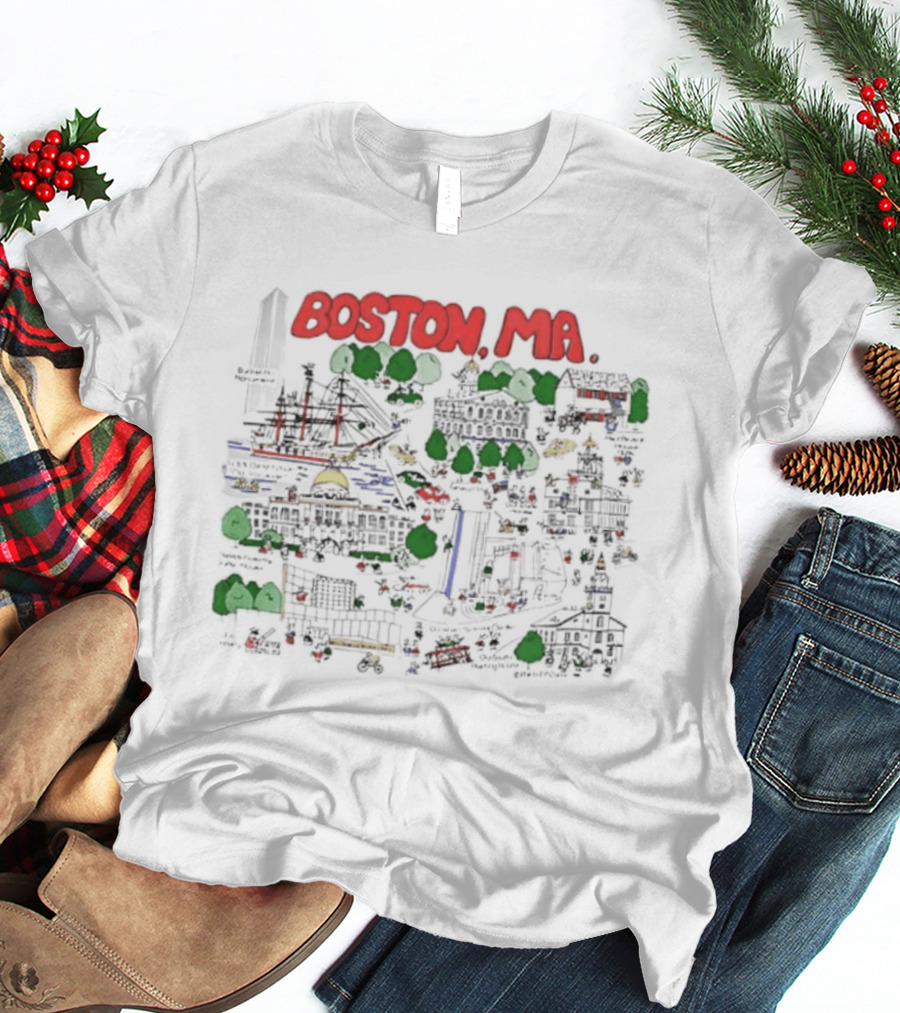Boston MA Map Bunker Hill Monument USS Constitution State House T-Shirt
