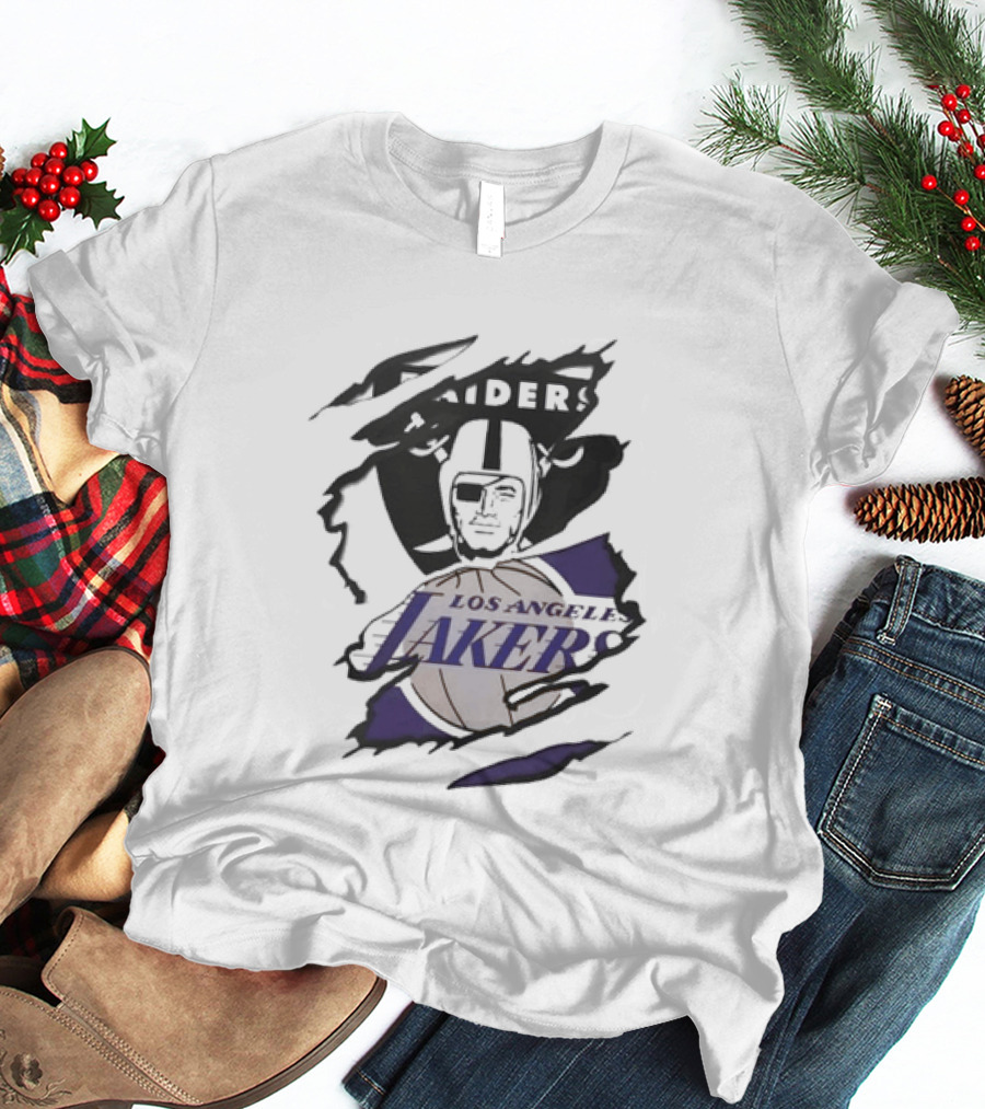 Las Vegas Raiders Los Angeles Lakers Beneath The Surface Raiders Helmet Basketball Fusion T-Shirt