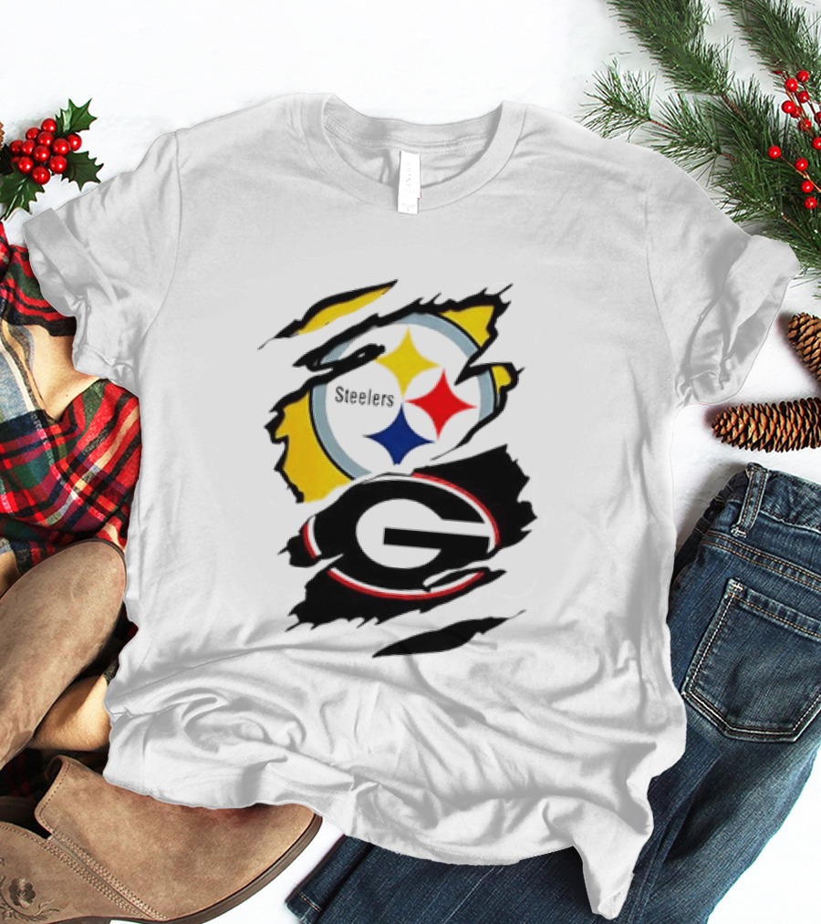 Pittsburgh Steelers Georgia Bulldogs NCAA Football Ripped Torn Effect T-Shirt