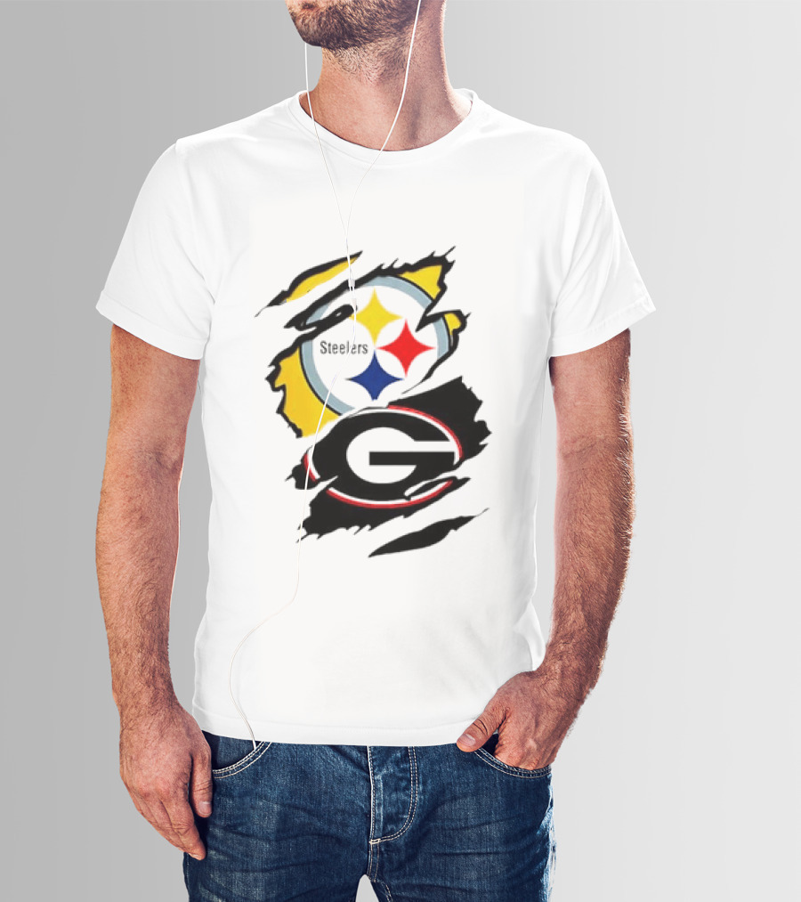 Pittsburgh Steelers Georgia Bulldogs NCAA Football Ripped Torn Effect T-Shirt
