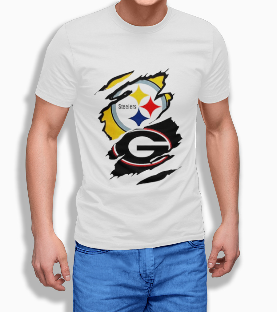 Pittsburgh Steelers Georgia Bulldogs NCAA Football Ripped Torn Effect T-Shirt