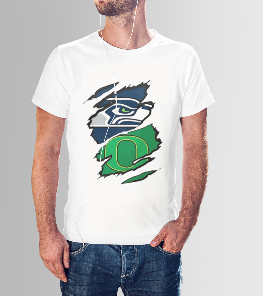Seattle Seahawks Oregon Ducks Ripped Skin Effect NFL College Team Spirit T-Shirt