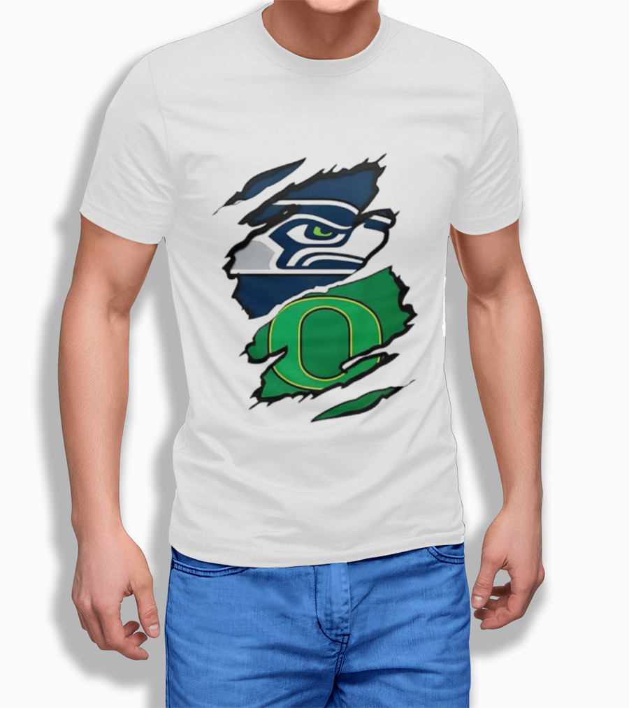 Seattle Seahawks Oregon Ducks Ripped Skin Effect NFL College Team Spirit T-Shirt