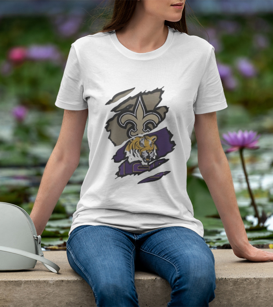 New Orleans Saints LSU Tigers Beneath The Surface Fleur De Lis Tiger Split T-Shirt