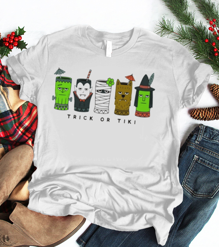 Trick Or Tiki Frankenstein Vampire Mummy Werewolf Witch Halloween T-Shirt