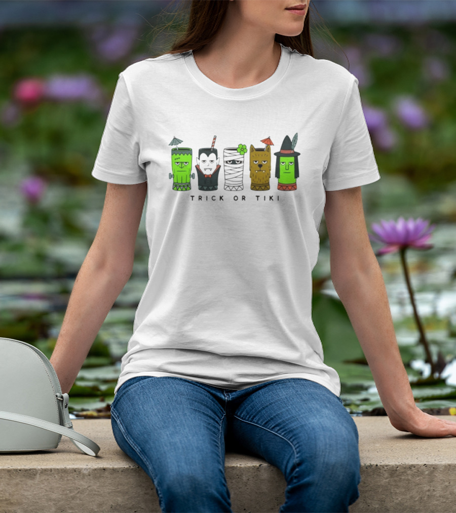Trick Or Tiki Frankenstein Vampire Mummy Werewolf Witch Halloween T-Shirt