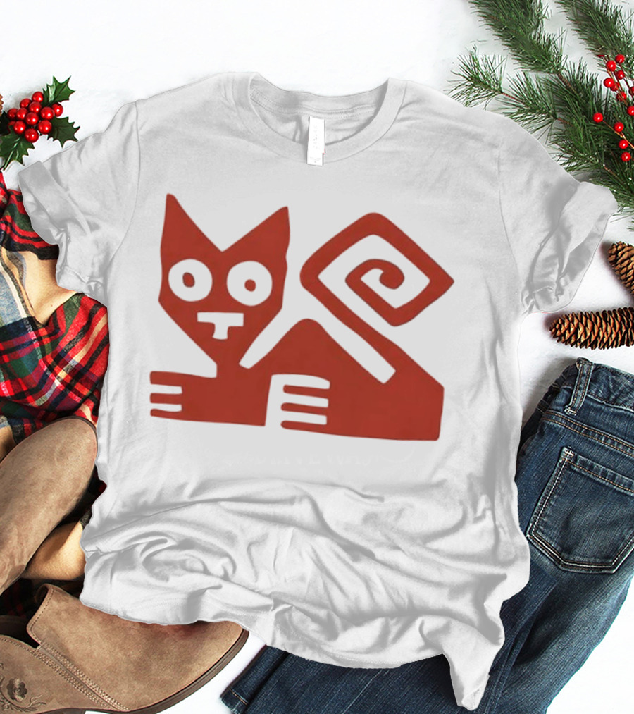Peruvian Cat Nazca Lines Style Geometric Red T-Shirt