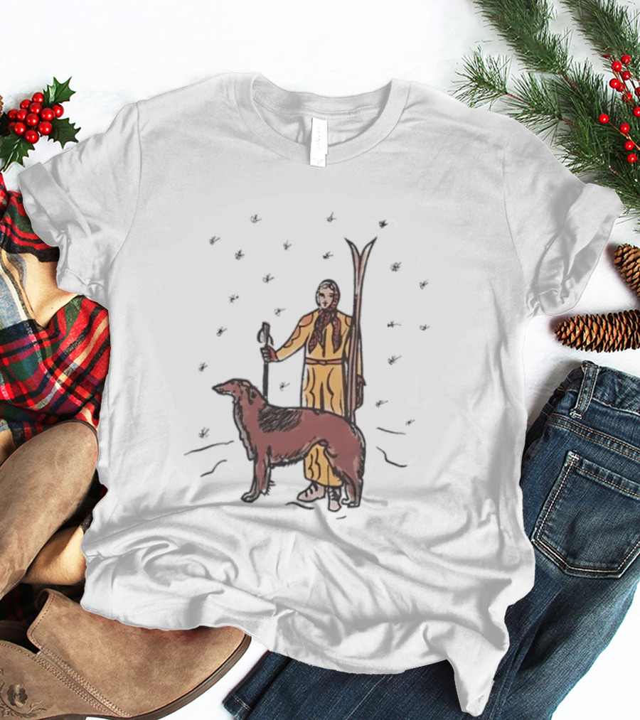 Woman Skiing With Borzoi Dog In Winter Sports Scene T-Shirt