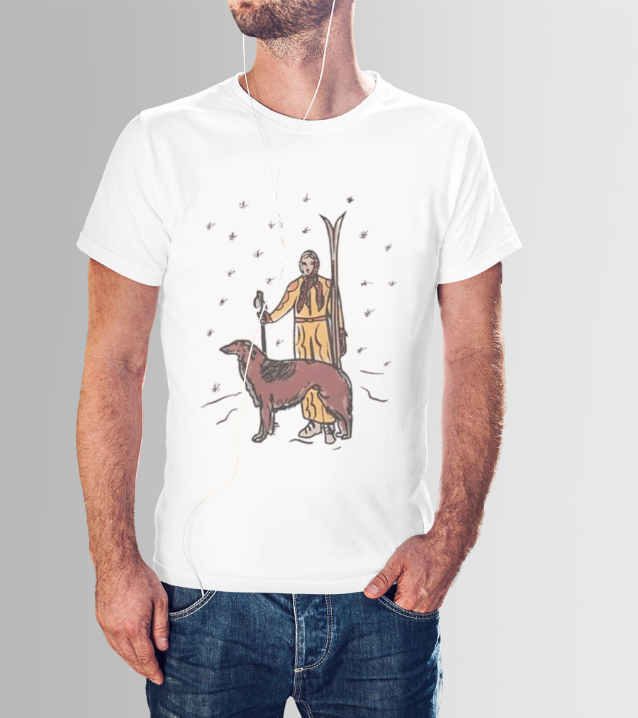 Woman Skiing With Borzoi Dog In Winter Sports Scene T-Shirt