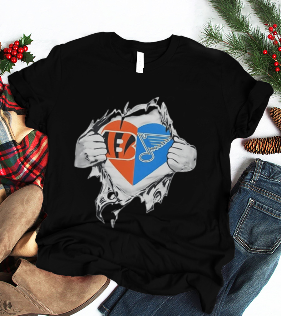 Bengals Blues Tattered Heart Shape Split Symbol With Hands T-Shirt