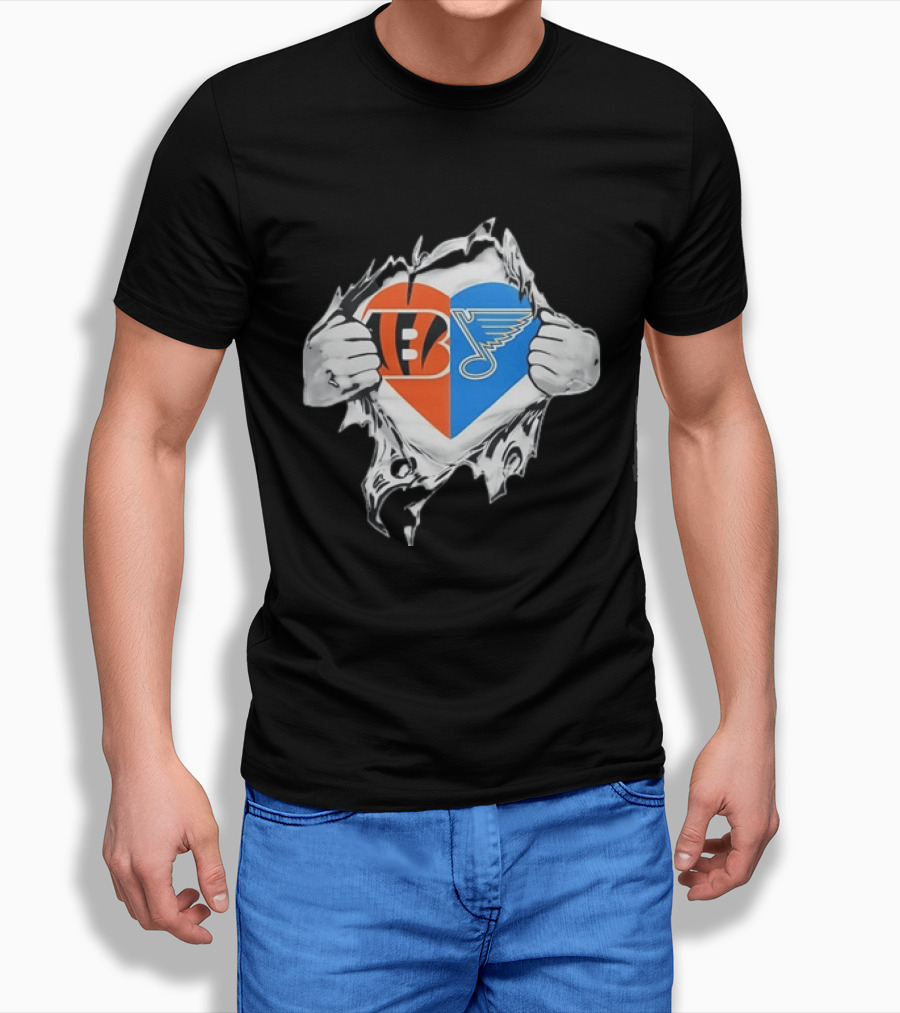 Bengals Blues Tattered Heart Shape Split Symbol With Hands T-Shirt