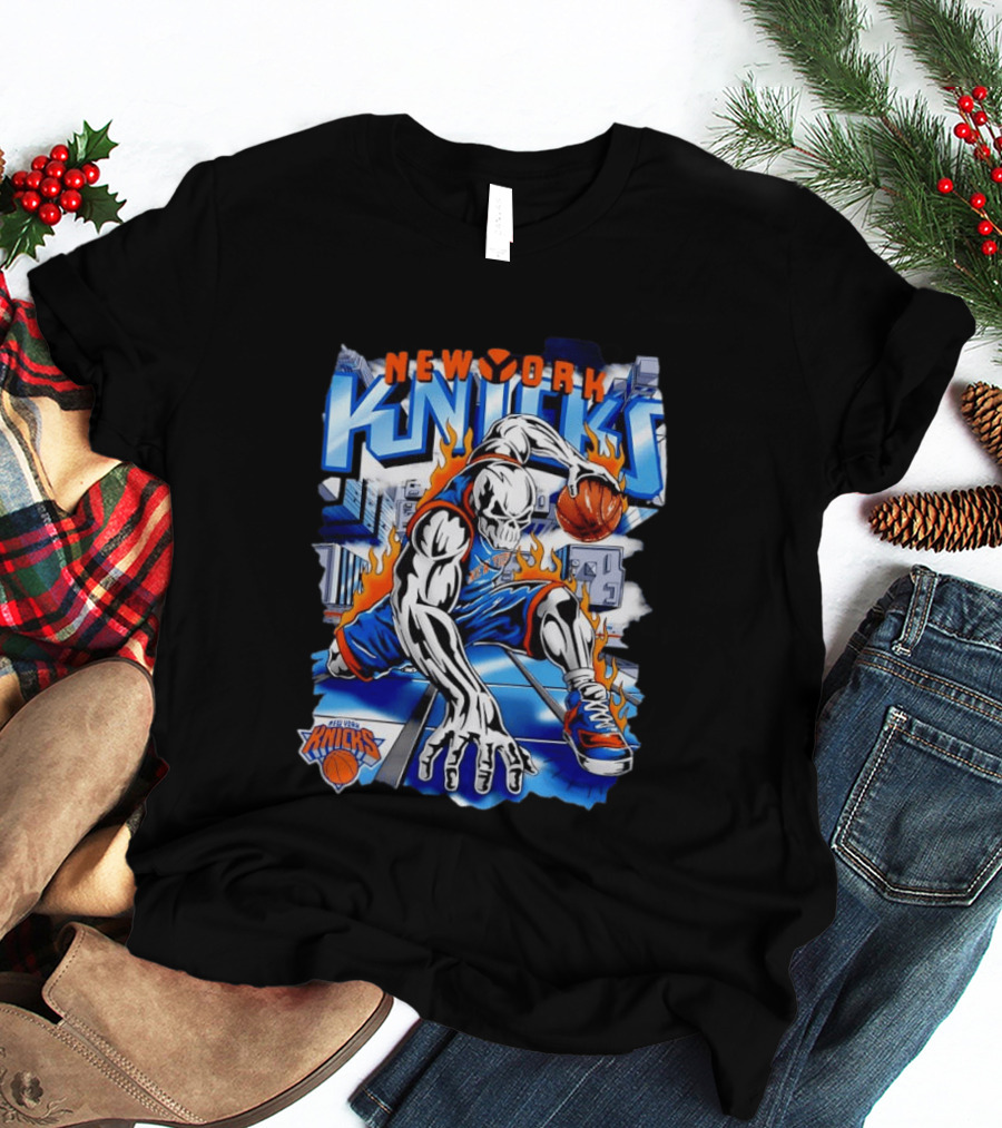 New York Knicks NBA Basketball Skull Player And City Flames T-Shirt