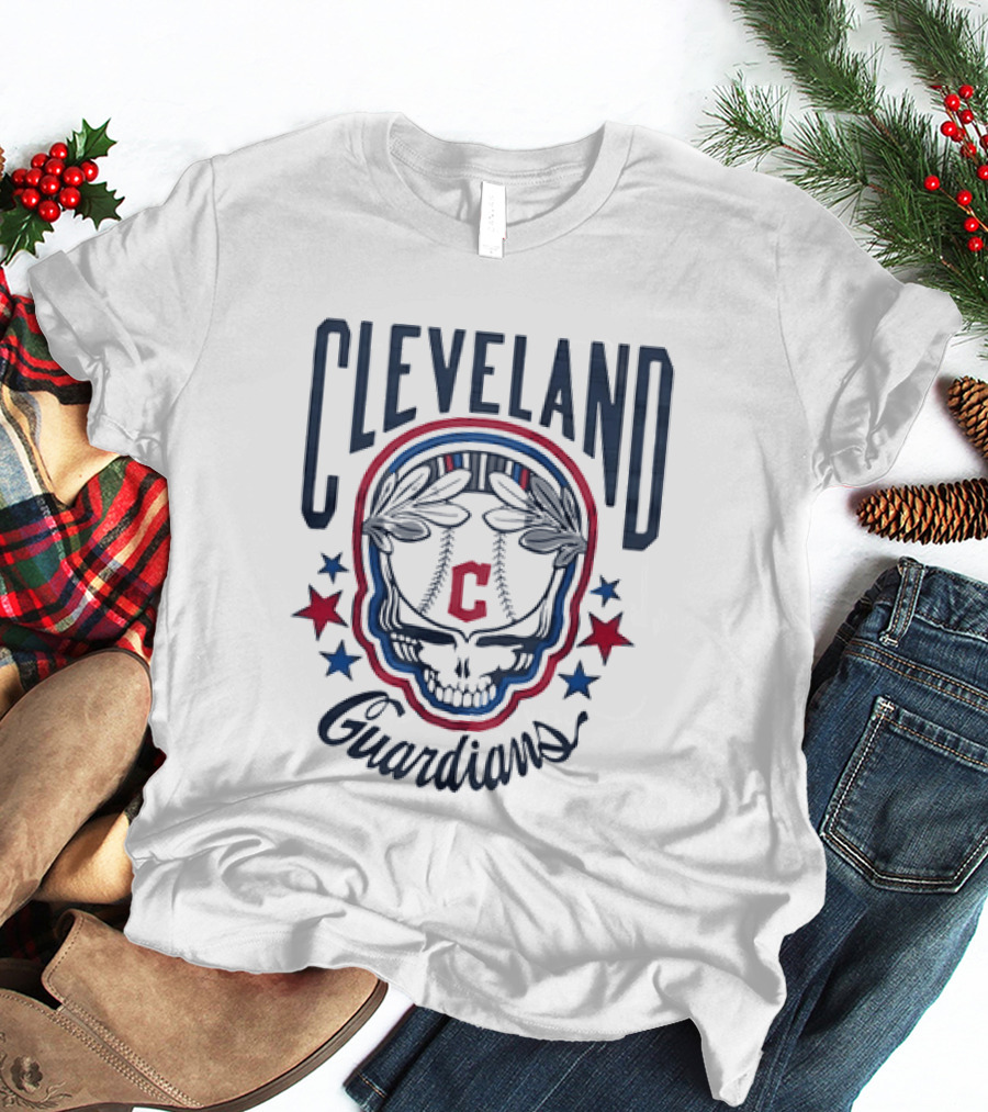 Cleveland Guardians Skull Baseball Laurel Wreath Stars T-Shirt