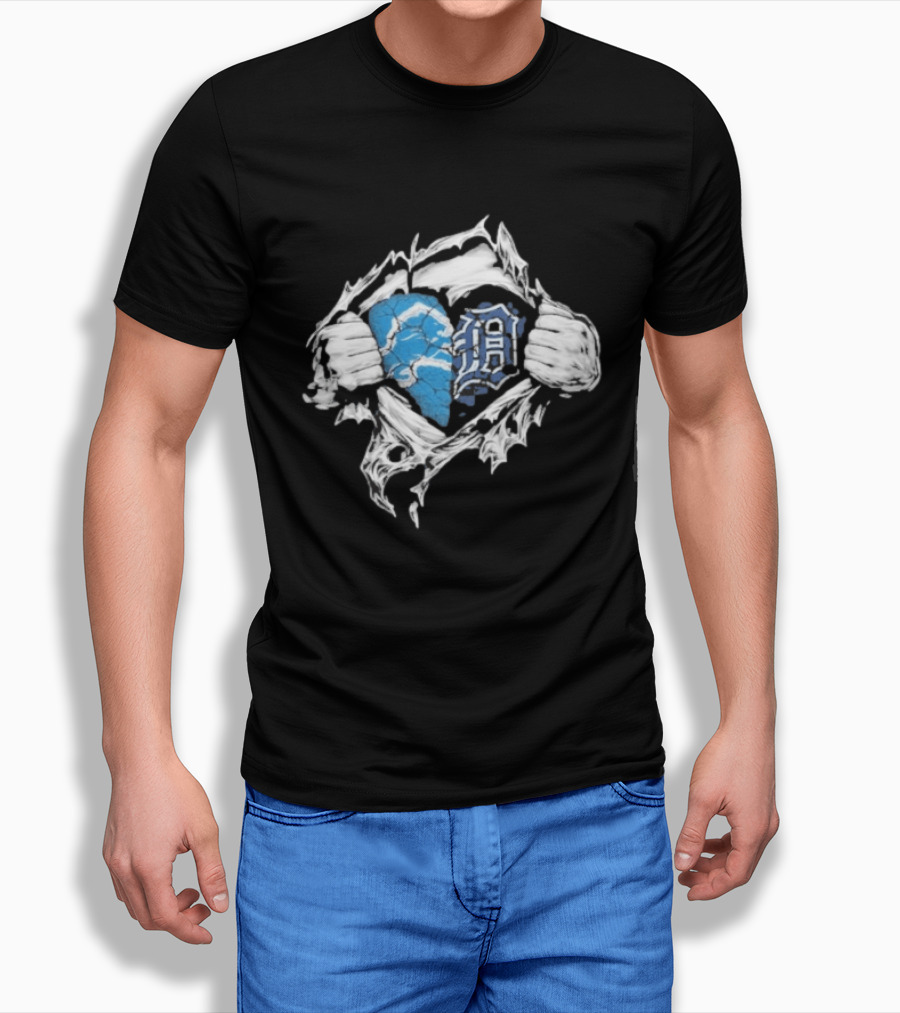 Detroit Lions Tigers Heart Ripped Design Collaboration Sports Fandom T-Shirt