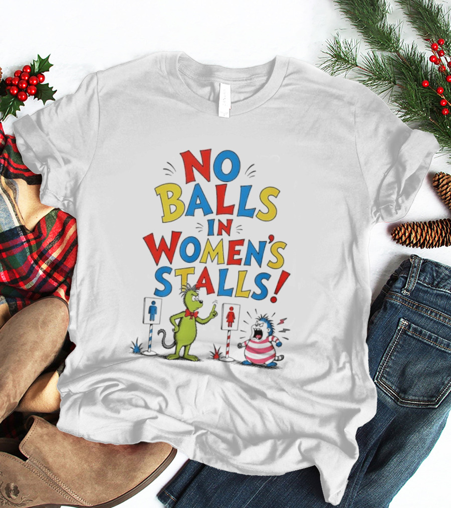 No Balls In Women's Stalls Cat Character Urinal Cartoon T-Shirt