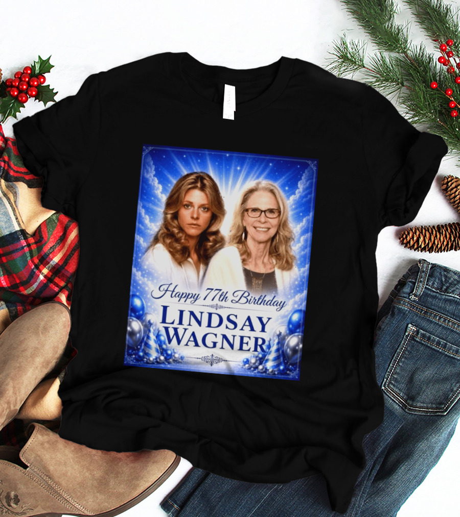 Happy 77th Birthday Celebration Lindsay Wagner Blue Party Balloons T-Shirt