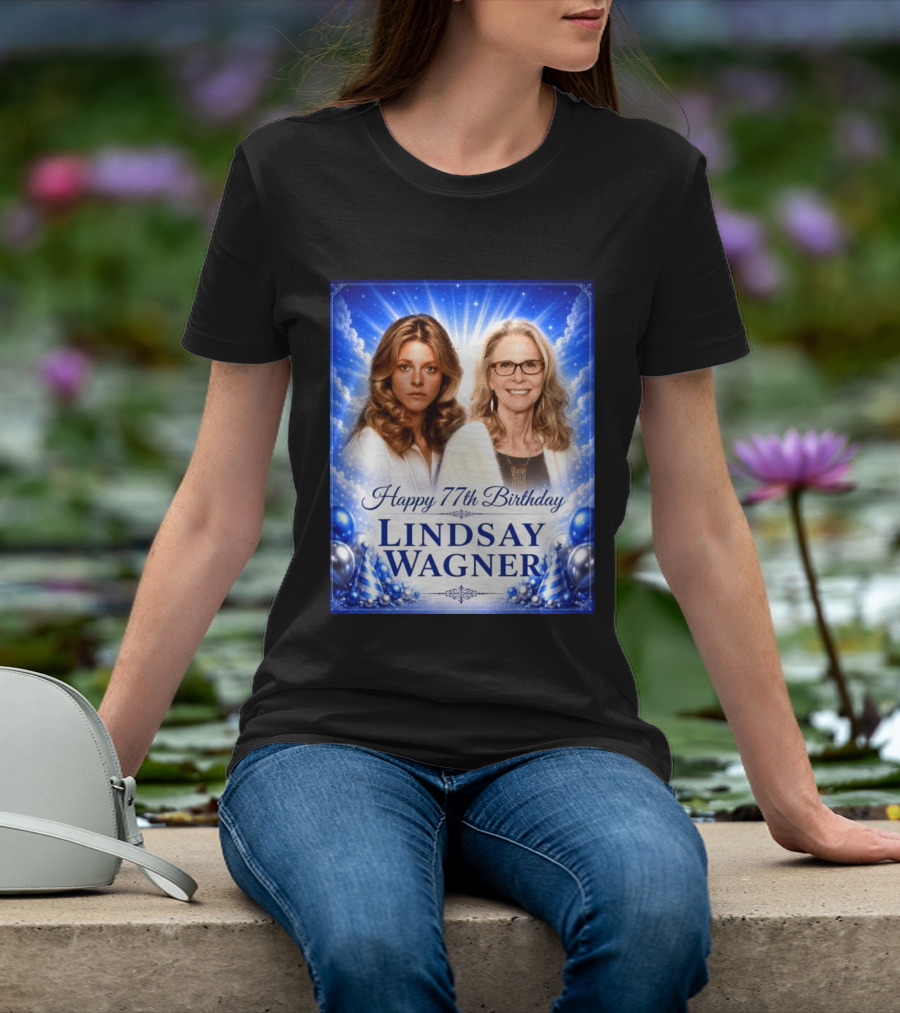 Happy 77th Birthday Celebration Lindsay Wagner Blue Party Balloons T-Shirt
