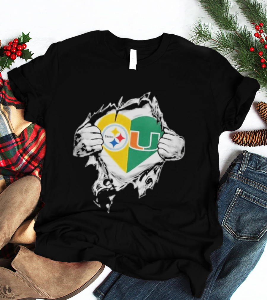 Steelers Miami Hurricanes Heart In My DNA Hands Football Fan Pride T-Shirt