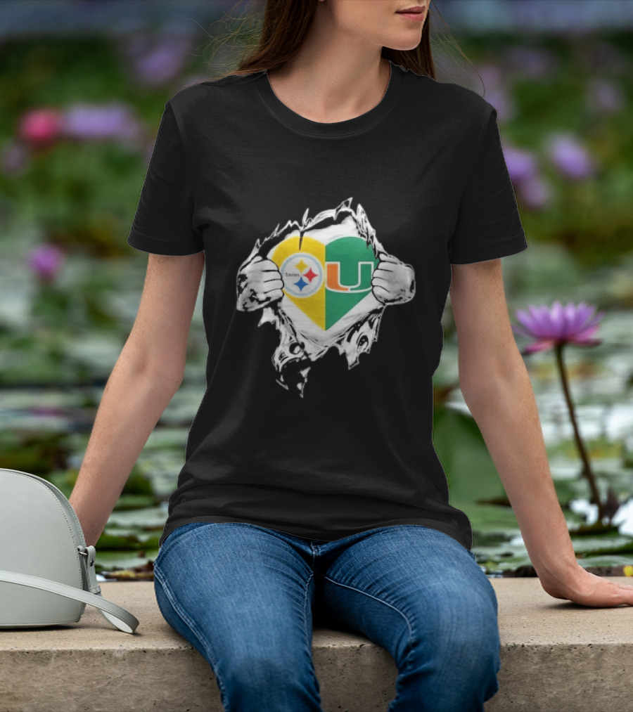 Steelers Miami Hurricanes Heart In My DNA Hands Football Fan Pride T-Shirt