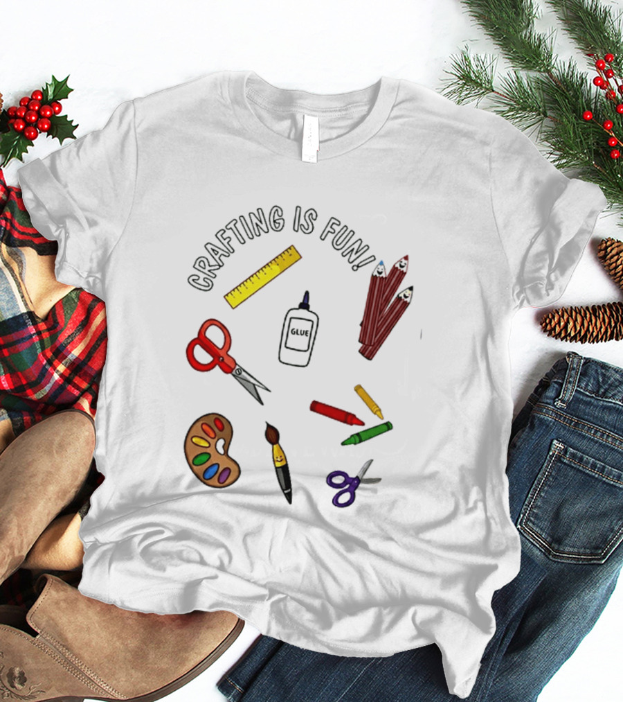 Crafting Is Fun Supplies Scissors Glue Paintbrush Crayons Palette Ruler T-Shirt