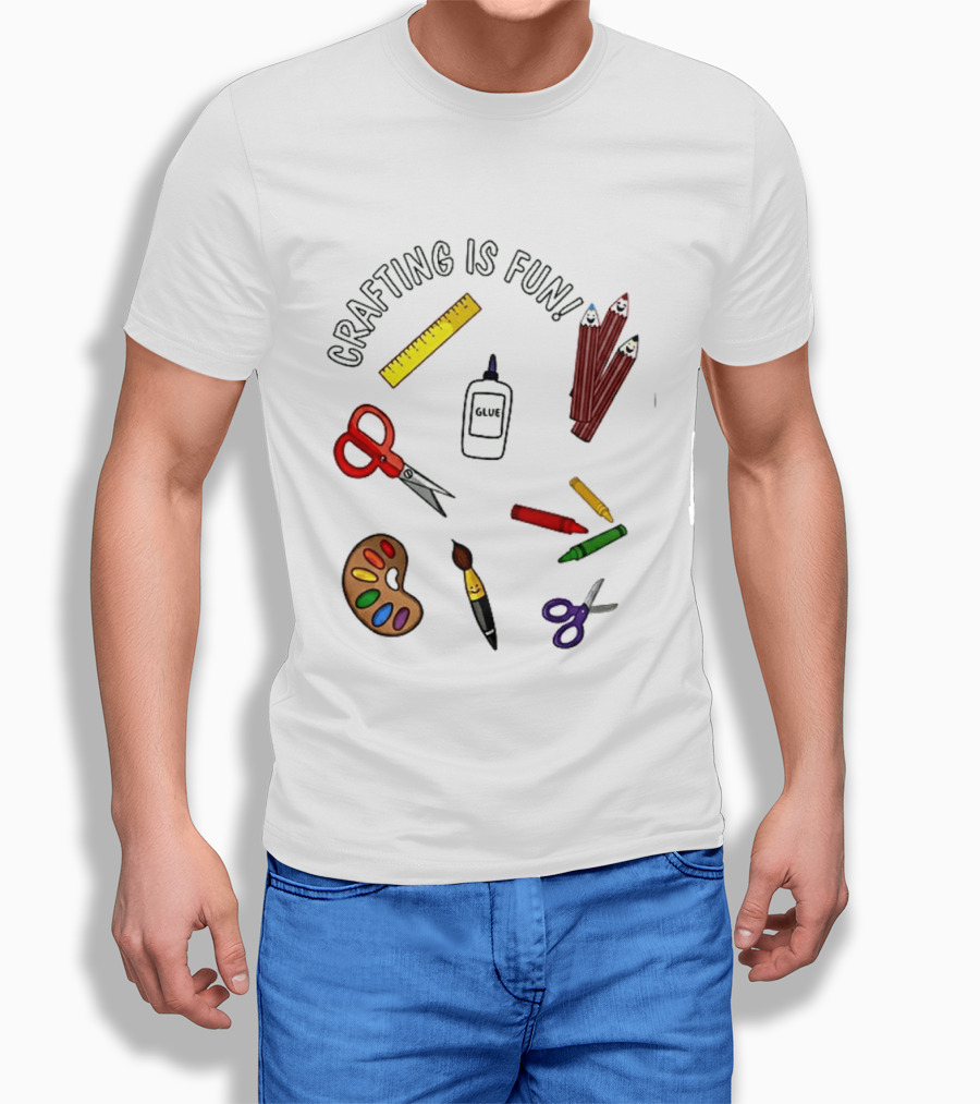Crafting Is Fun Supplies Scissors Glue Paintbrush Crayons Palette Ruler T-Shirt
