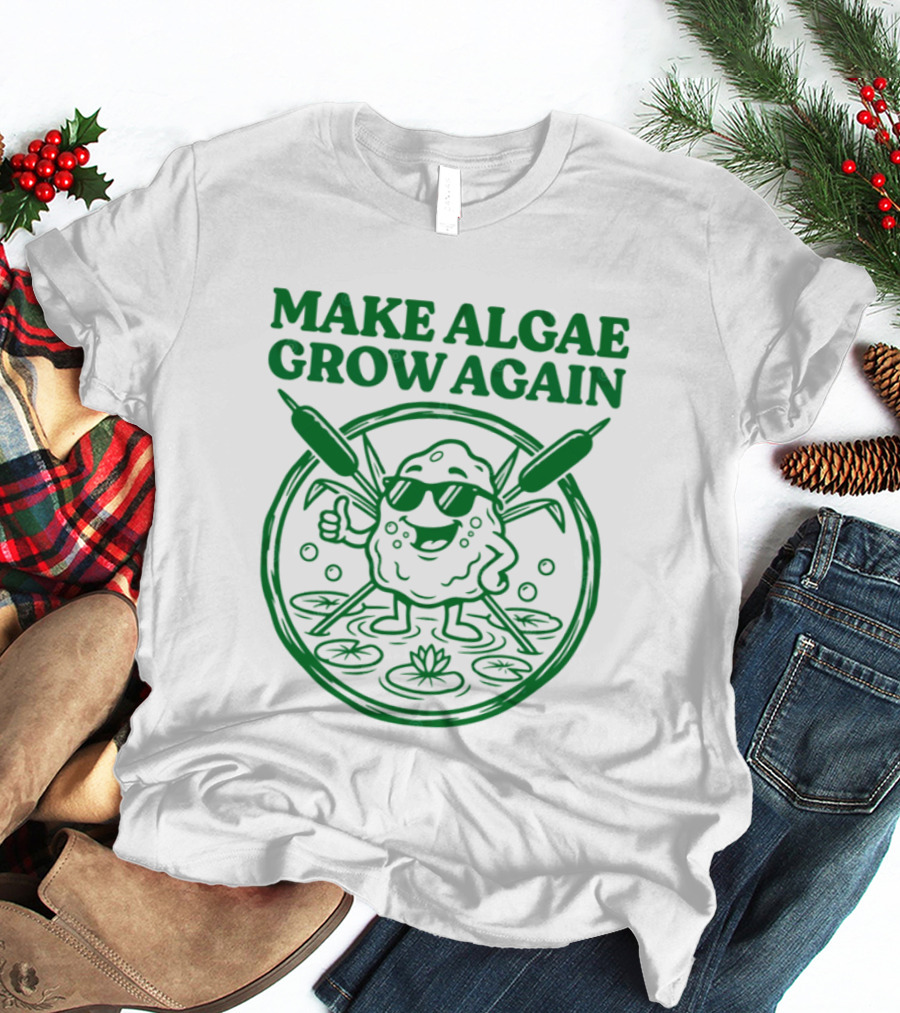 MAKE ALGAE GROW AGAIN Cartoon Thumbs Up With Sunglasses And Cattails Circular Frame T-Shirt